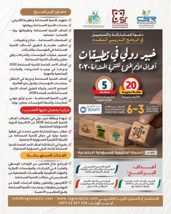 البرنامج التدريبي المتقدم خبير دولي في تطبيقات أهداف الأمم المتحدة للتنمية الاستدامة 2030