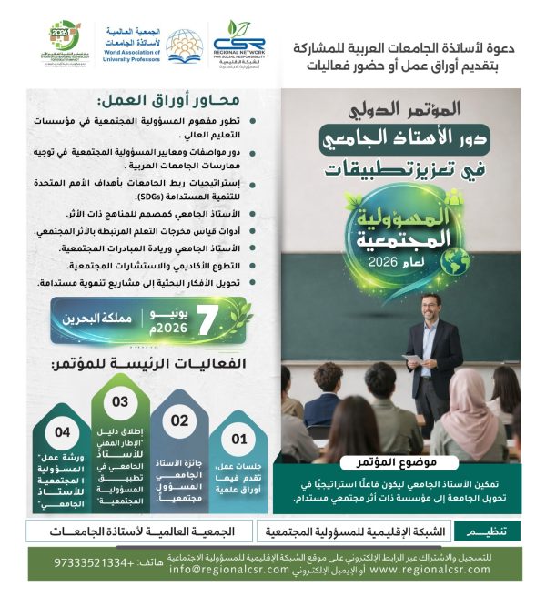 المؤتمر الدولي "دور الأستاذ الجامعي في تعزيز تطبيقات المسؤولية المجتمعية لعام 2026م"